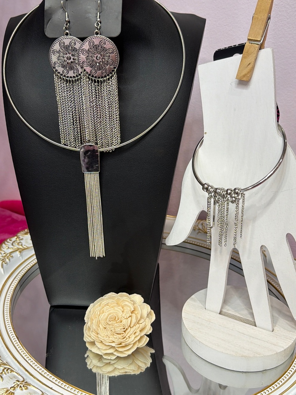 Silver Tassel Fringe Statement Necklace, earrings and Bracelet Set